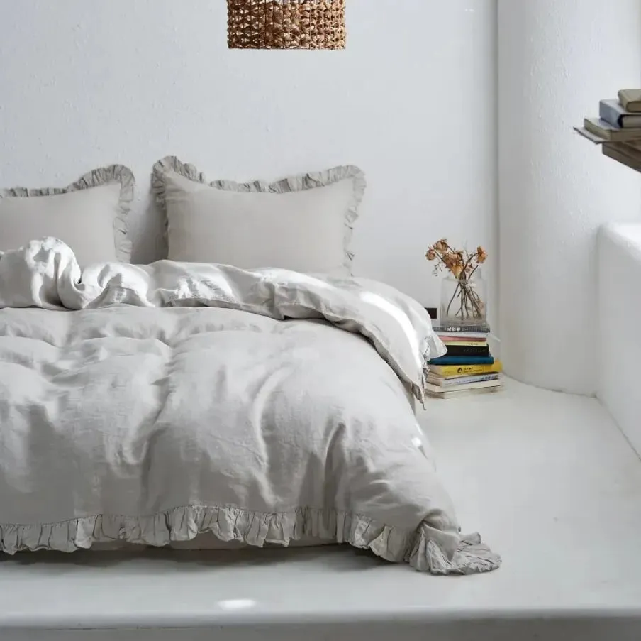 100% Washed Linen Duvet Cover Set - Light Grey