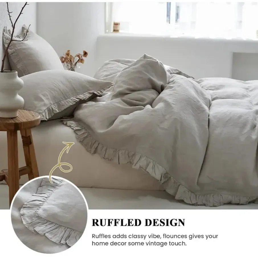 100% Washed Linen Duvet Cover Set - Light Grey