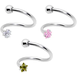 16 Gauge 3/8 Color CZ Gem Star Spiral Twister Eyebrow Ring Set