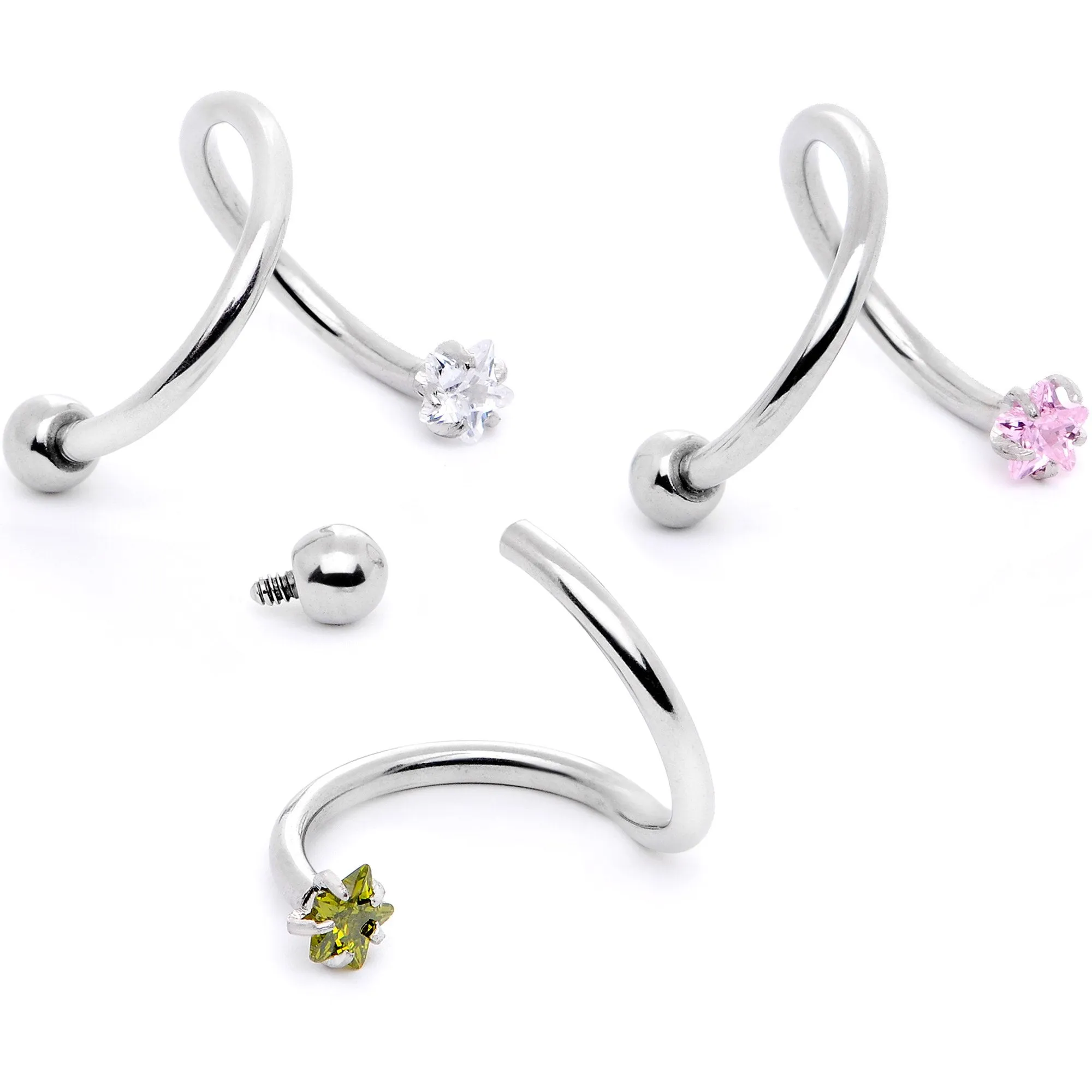 16 Gauge 3/8 Color CZ Gem Star Spiral Twister Eyebrow Ring Set