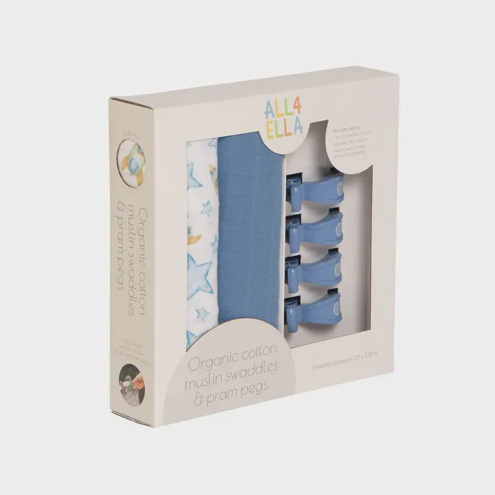 2 Muslins & 4 Pram Peg Box Set - Rocket