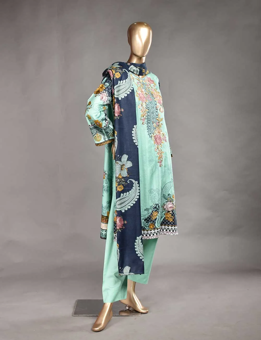 3 Pc Unstitched Linen Printed & Embroidered Dress with Printed Wool Shawl Dupatta - Empyrean (KL-03)