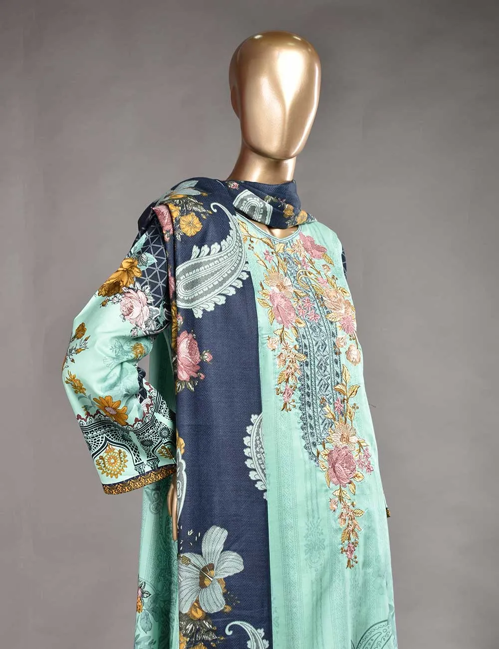3 Pc Unstitched Linen Printed & Embroidered Dress with Printed Wool Shawl Dupatta - Empyrean (KL-03)
