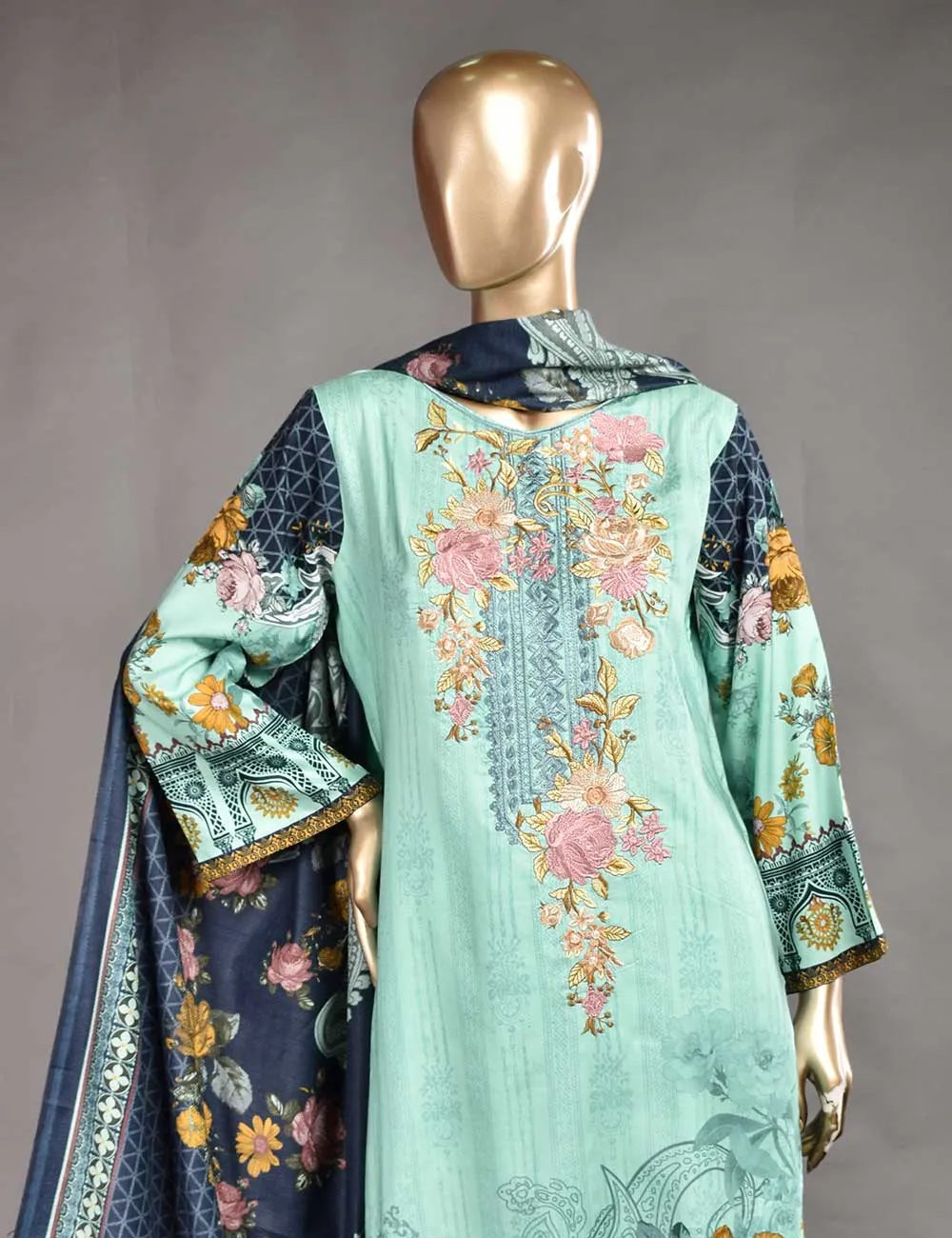 3 Pc Unstitched Linen Printed & Embroidered Dress with Printed Wool Shawl Dupatta - Empyrean (KL-03)