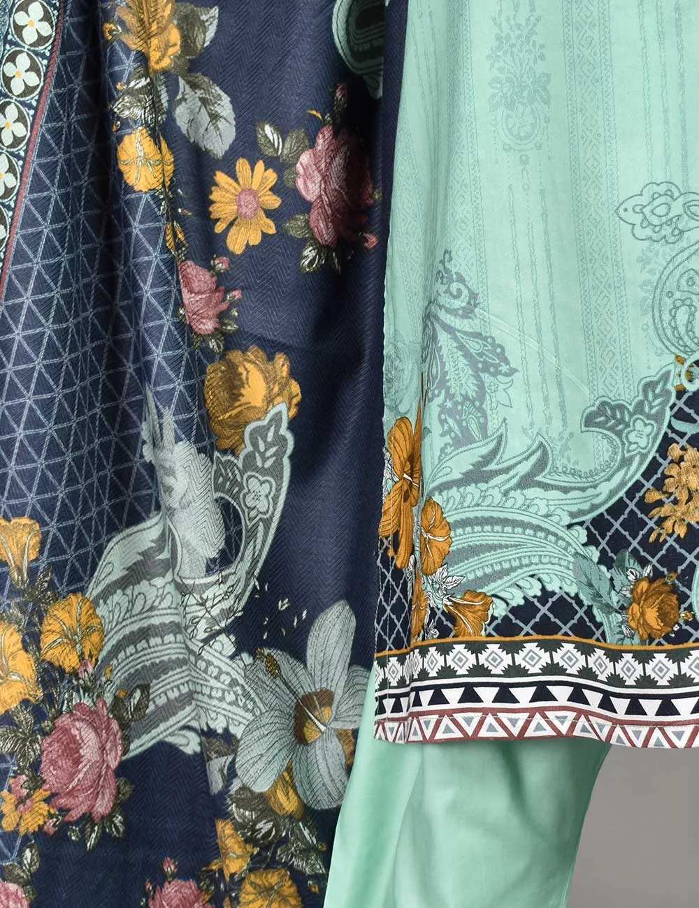 3 Pc Unstitched Linen Printed & Embroidered Dress with Printed Wool Shawl Dupatta - Empyrean (KL-03)