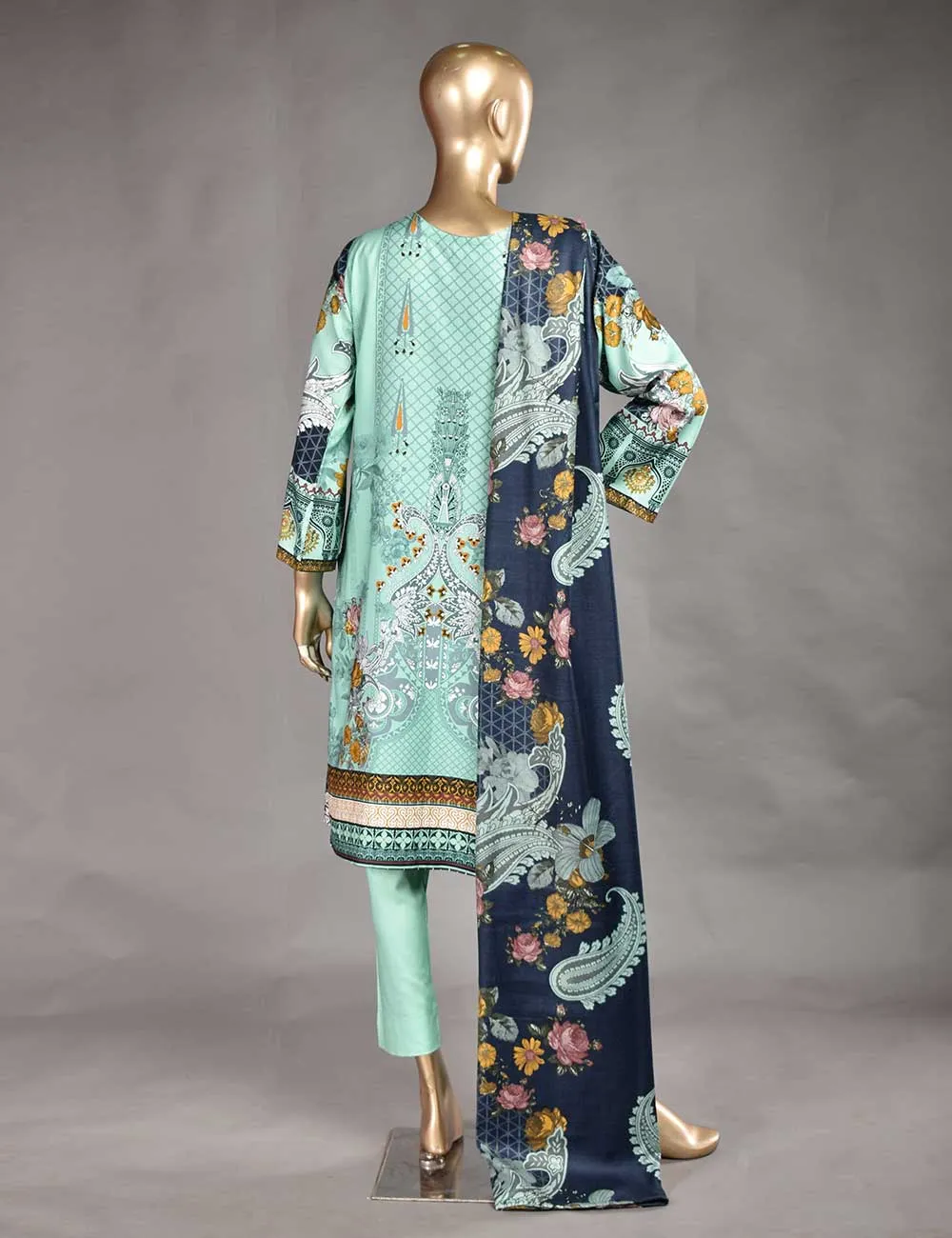 3 Pc Unstitched Linen Printed & Embroidered Dress with Printed Wool Shawl Dupatta - Empyrean (KL-03)