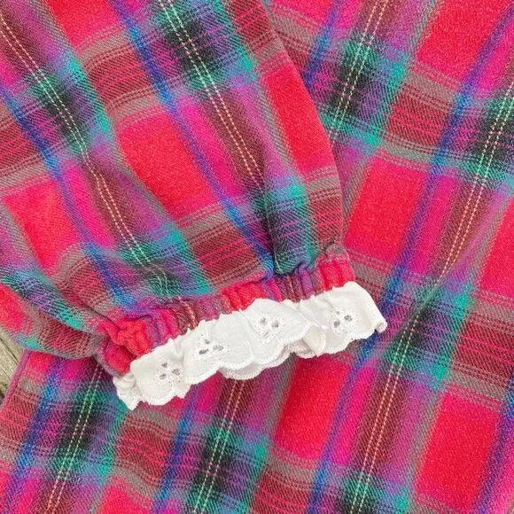 Adorable Vintage Lanz of Salzburg Plaid Eyelet Ruffle Cotton Nightgown Small XS