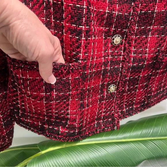 ADRIANNA PAPELL Red Black Crew Neck Tweed Royal Plaid Jacket Size Medium…
