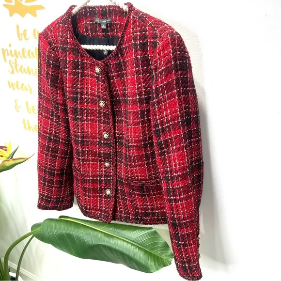 ADRIANNA PAPELL Red Black Crew Neck Tweed Royal Plaid Jacket Size Medium…