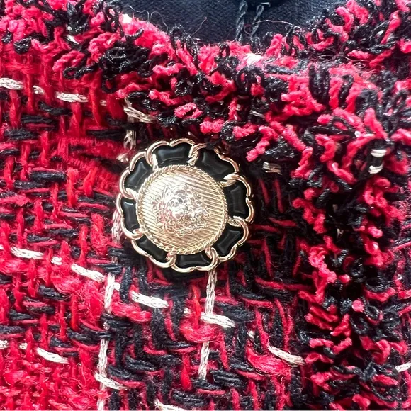 ADRIANNA PAPELL Red Black Crew Neck Tweed Royal Plaid Jacket Size Medium…
