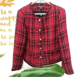 ADRIANNA PAPELL Red Black Crew Neck Tweed Royal Plaid Jacket Size Medium…