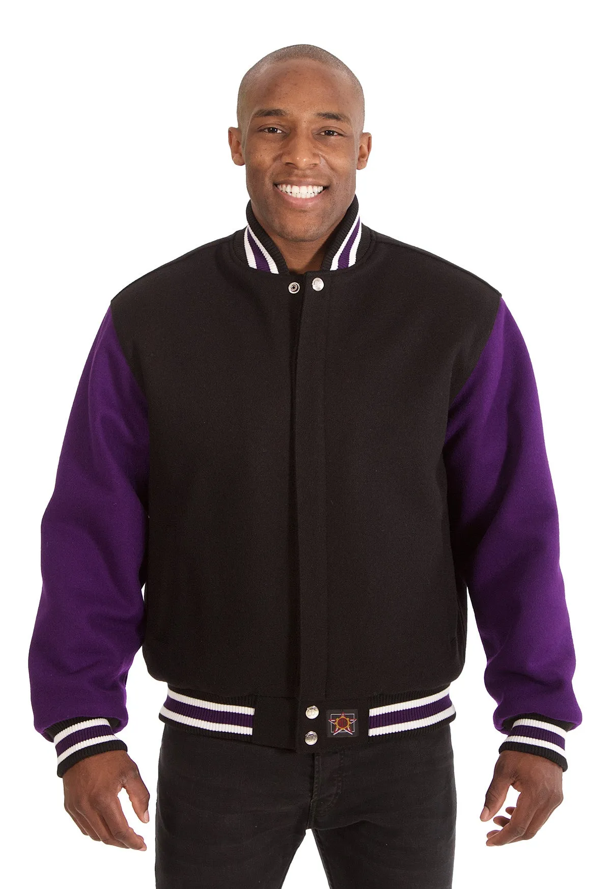All-Wool Varsity Jacket in Black and Purple