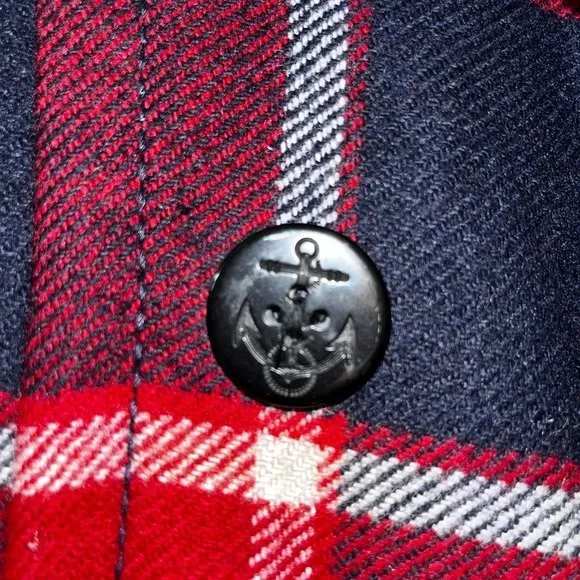American Eagle Plaid Jacket Red Blue White Button Front Wool Coat Womens Size XS