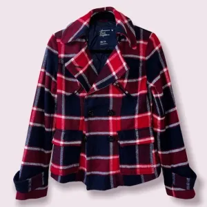 American Eagle Plaid Jacket Red Blue White Button Front Wool Coat Womens Size XS