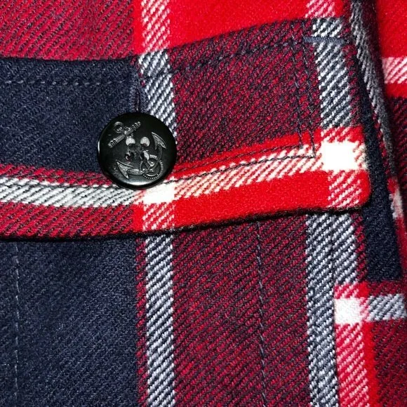 American Eagle Plaid Jacket Red Blue White Button Front Wool Coat Womens Size XS