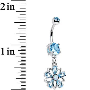 Aqua CZ Gem Synthetic Opal Snowflower Dangle Belly Ring