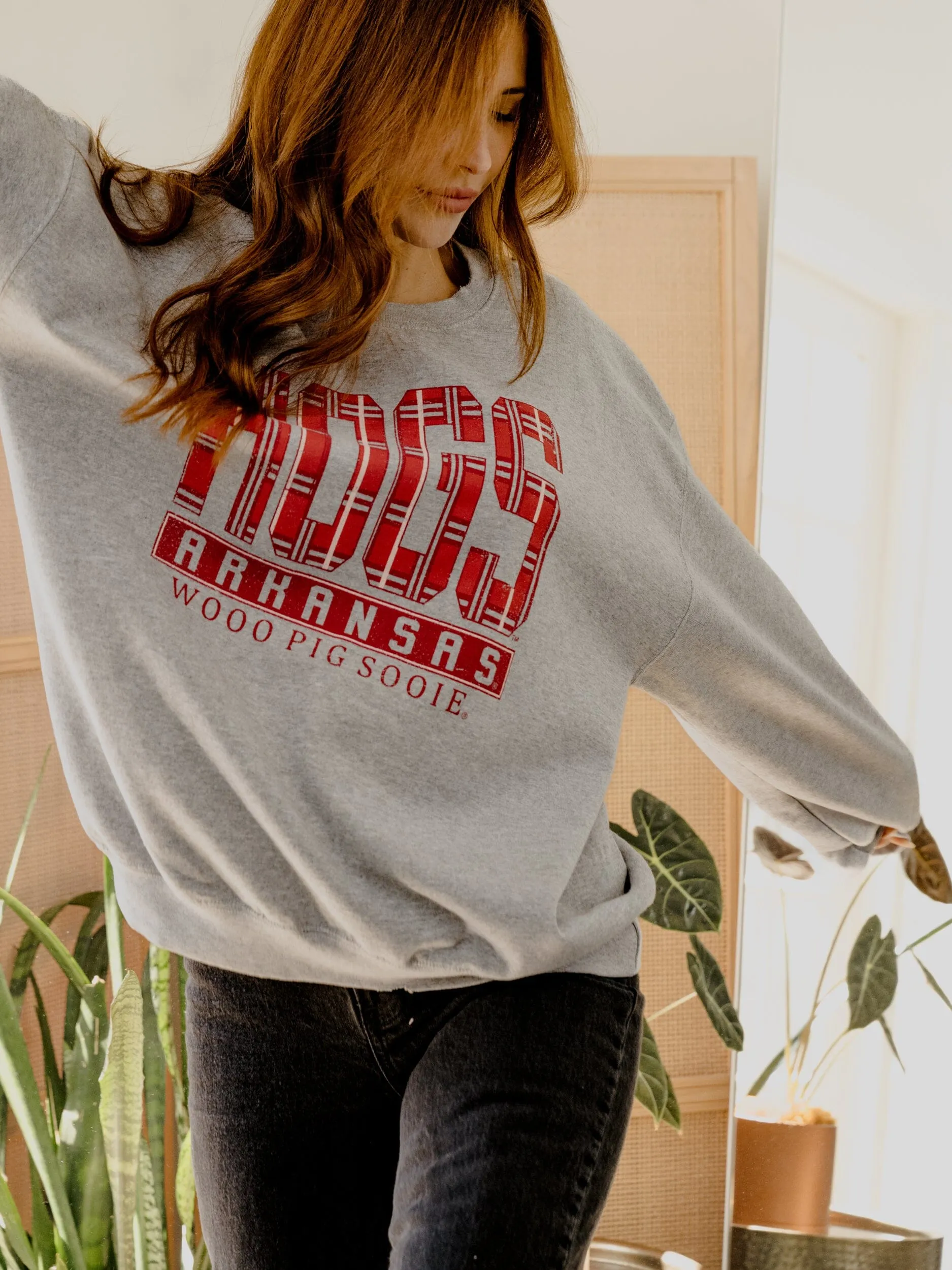 Arkansas Razorbacks Preppy Plaid Gray Thrifted Sweatshirt