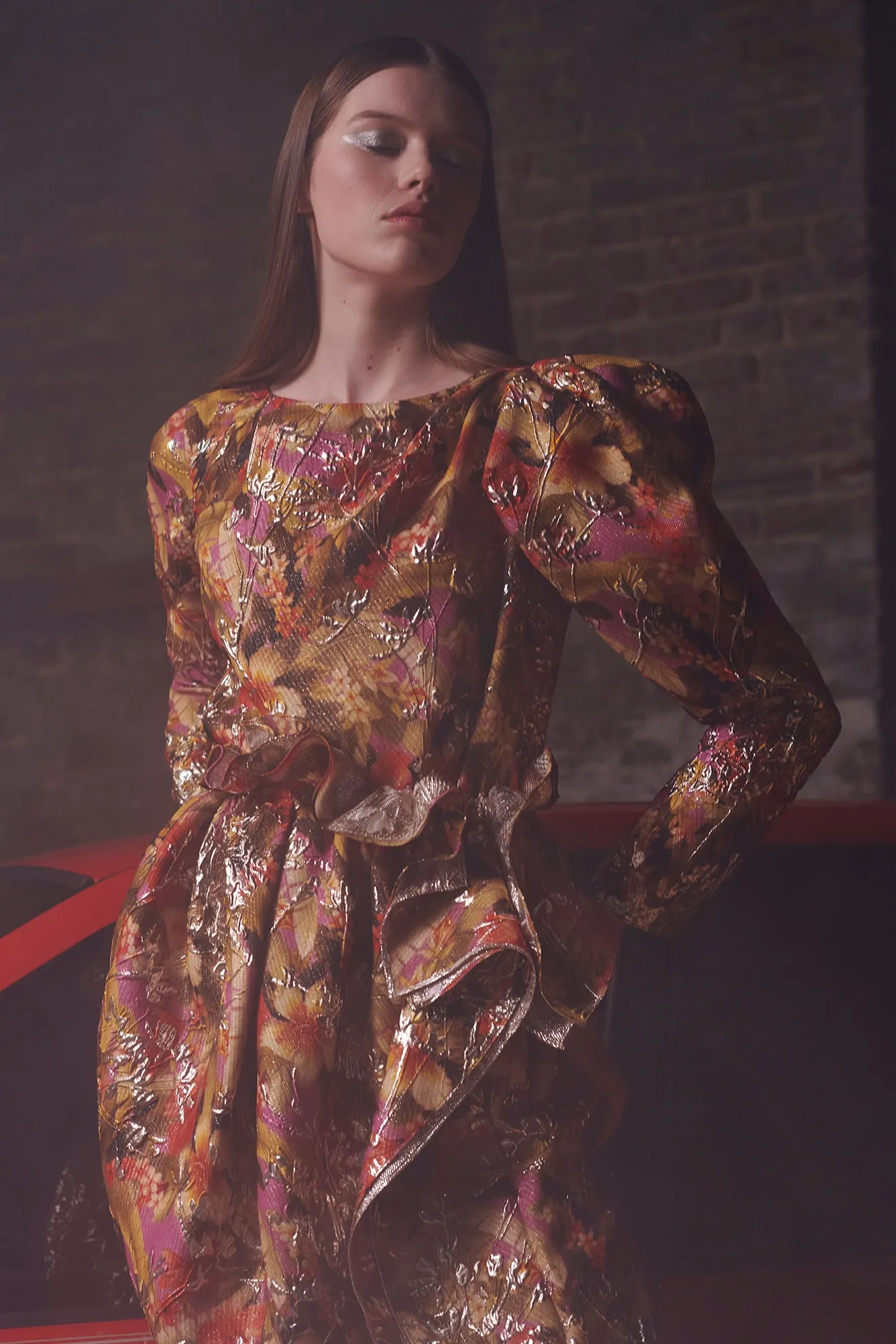 Asymmetric Evening Blouse in Floral Lamé