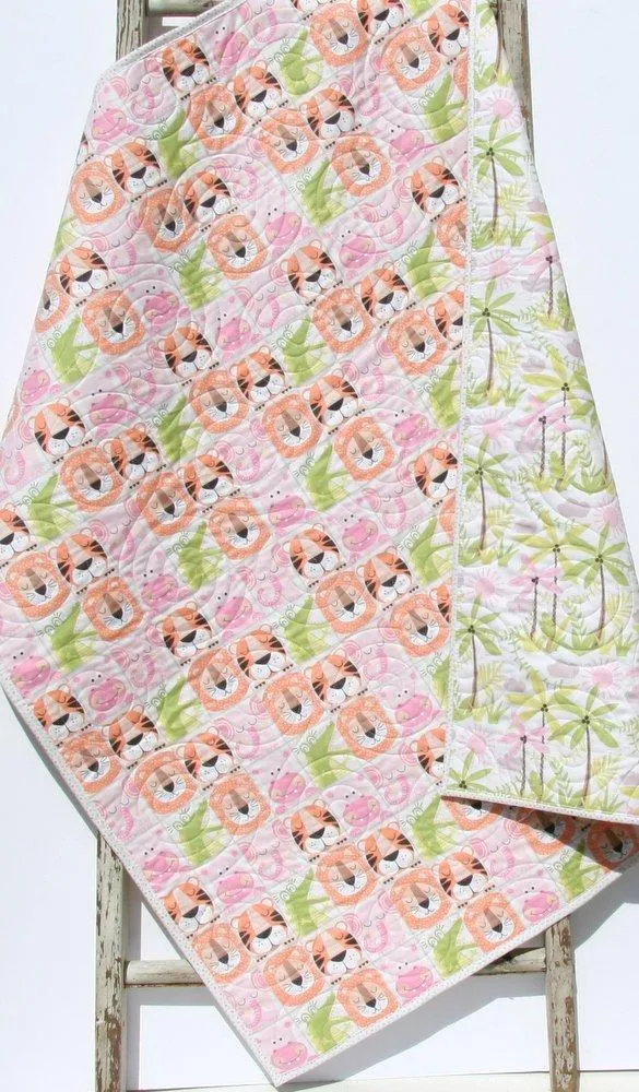 Baby Blanket, Pastel Quilt, Animals Nursery, Girl Heirloom Gift, Infant Bedding, Crib Cot, Palm Trees, Lion Tiger Hippo, Elephant Pink