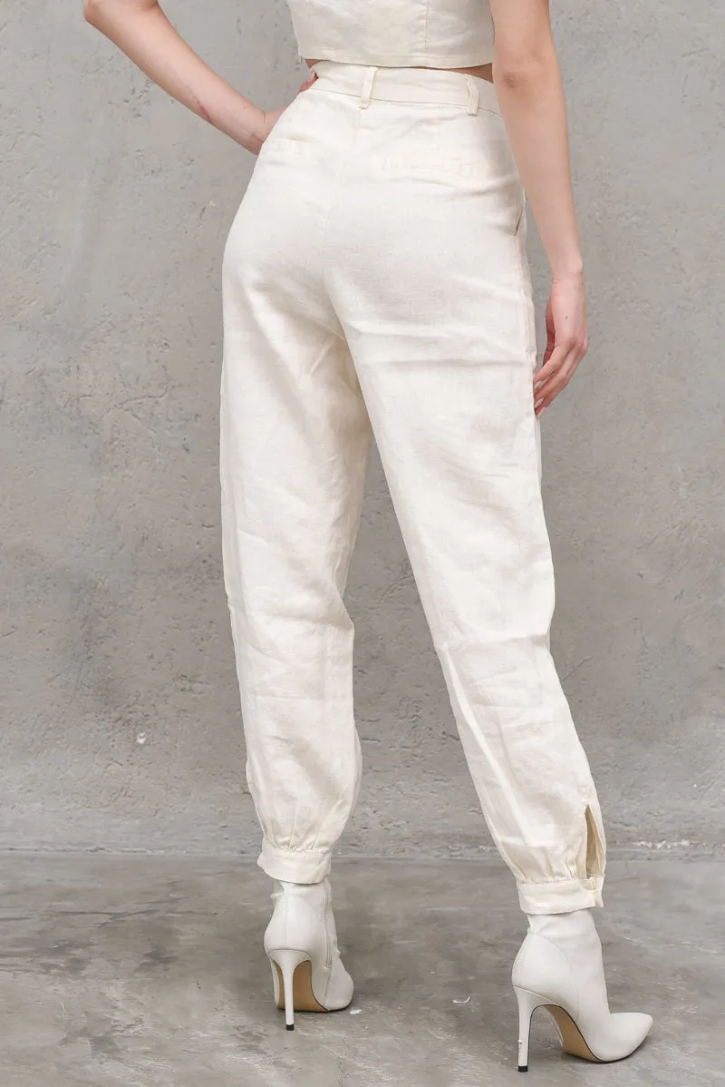 Balloon Leg Linen Pants - Light Beige