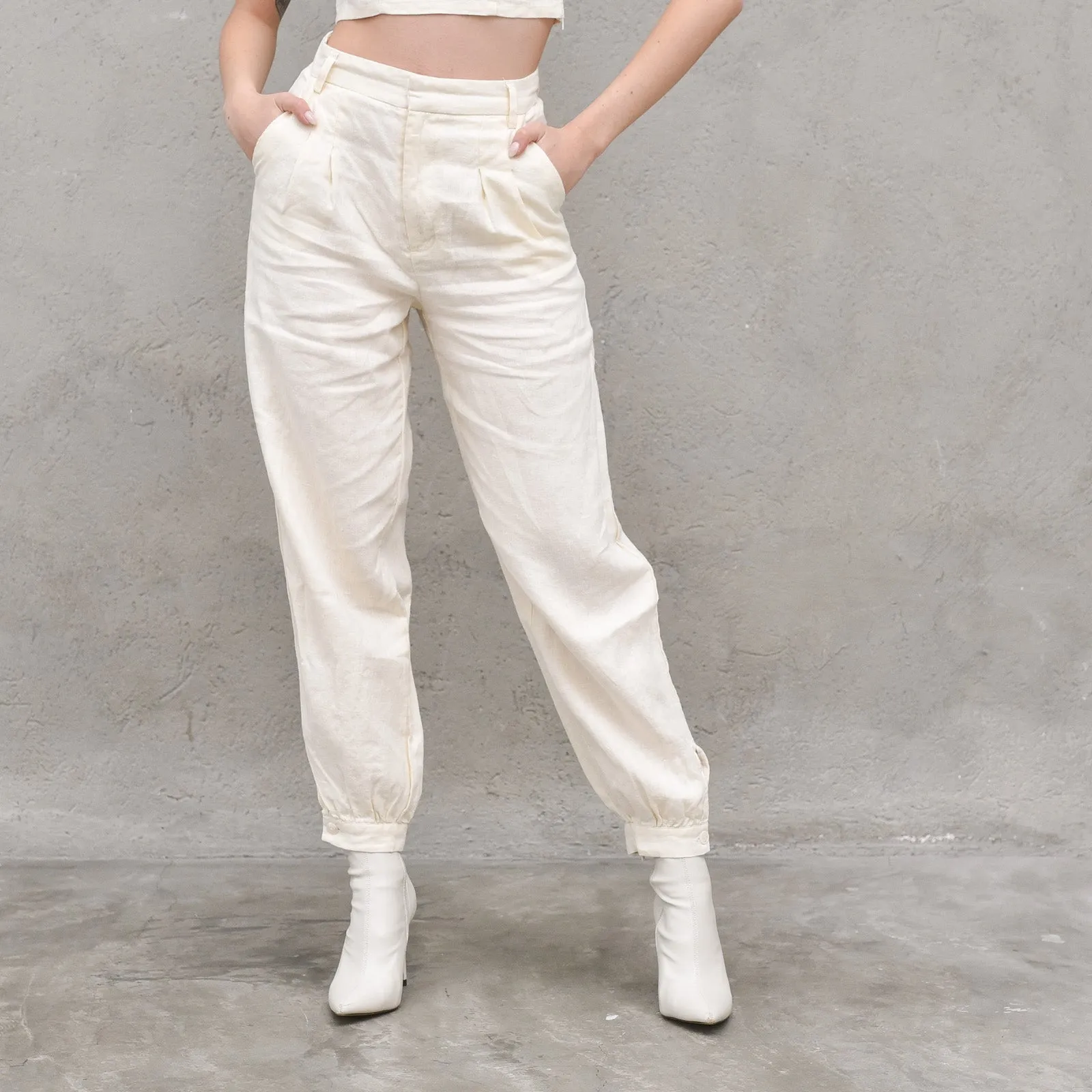 Balloon Leg Linen Pants - Light Beige