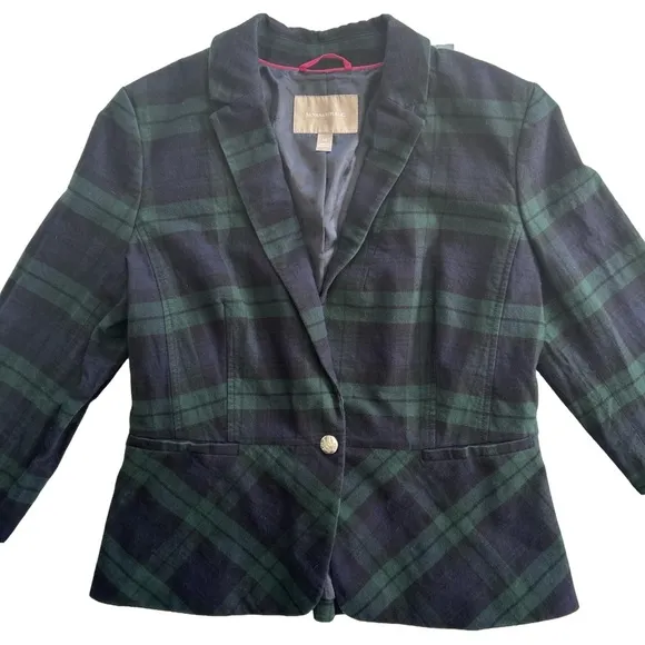 Banana republic size 14 green Tartan navy plaid cotton single button blazer