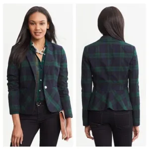Banana republic size 14 green Tartan navy plaid cotton single button blazer