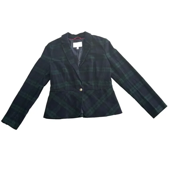 Banana republic size 14 green Tartan navy plaid cotton single button blazer