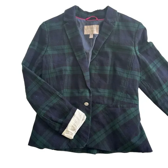 Banana republic size 14 green Tartan navy plaid cotton single button blazer