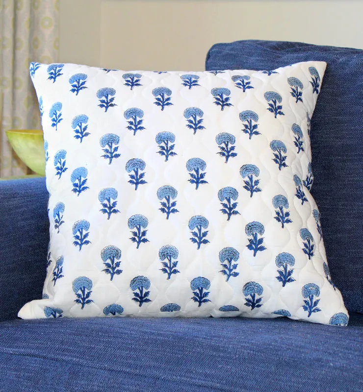 Blue Floral Quilted Throw Pillow Cover