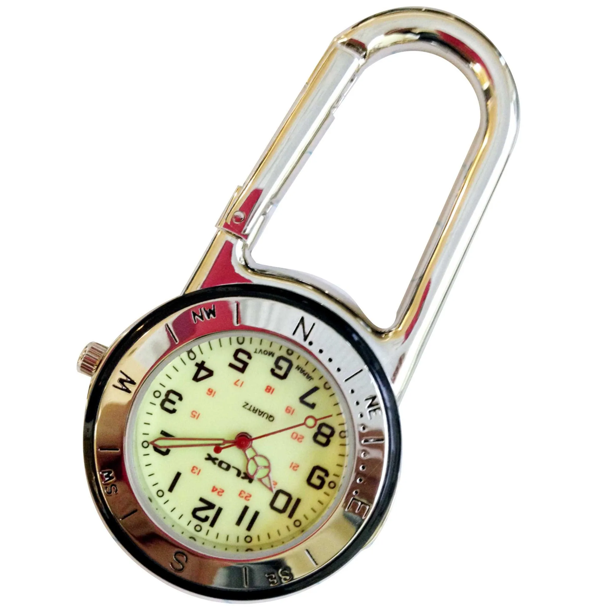 Carabiner Clip-On Watch- Silver with Glow Dial