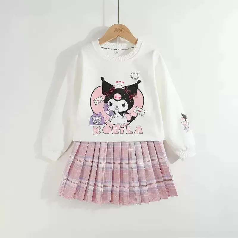 Children Clothes Set Spring Autumn Kids Kuromi Long Sleeved Sweater Tops Checkered Pleated Skirt 2pce Teen Girls Preppy Clothing