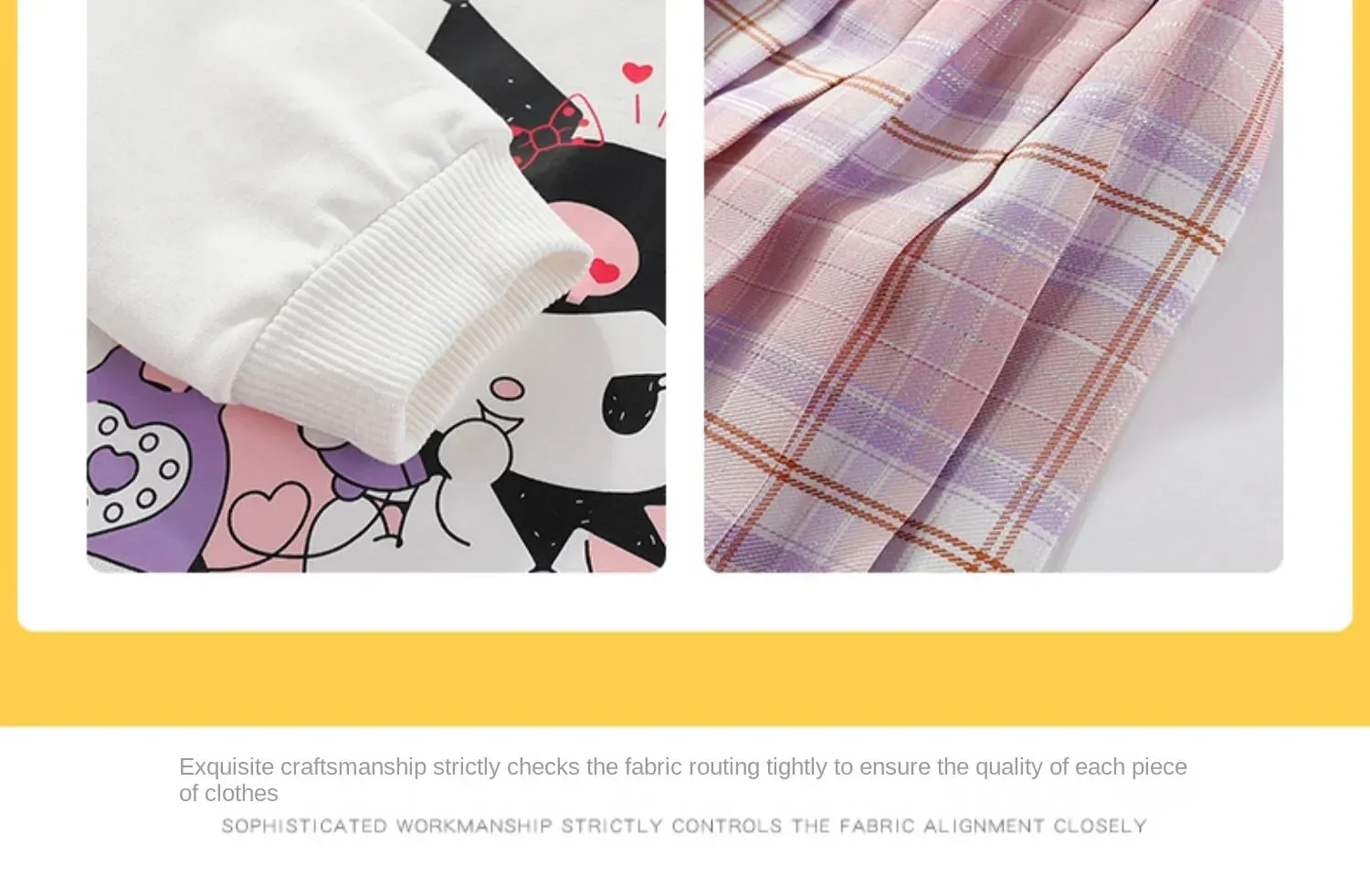Children Clothes Set Spring Autumn Kids Kuromi Long Sleeved Sweater Tops Checkered Pleated Skirt 2pce Teen Girls Preppy Clothing