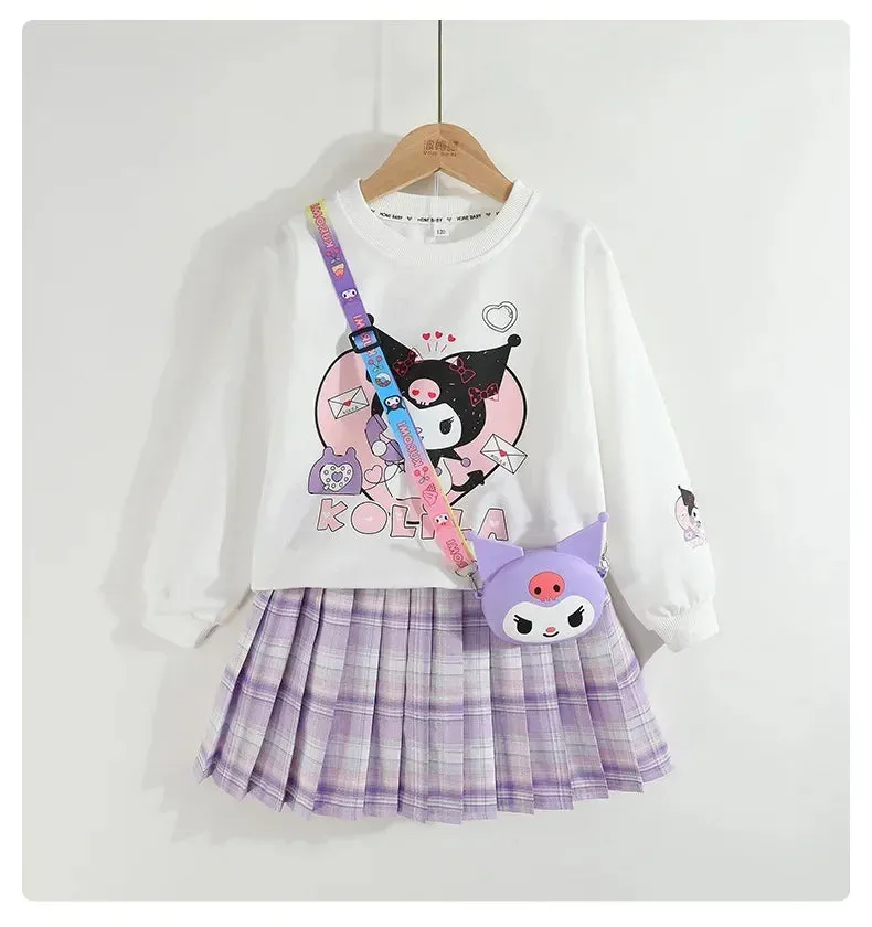 Children Clothes Set Spring Autumn Kids Kuromi Long Sleeved Sweater Tops Checkered Pleated Skirt 2pce Teen Girls Preppy Clothing
