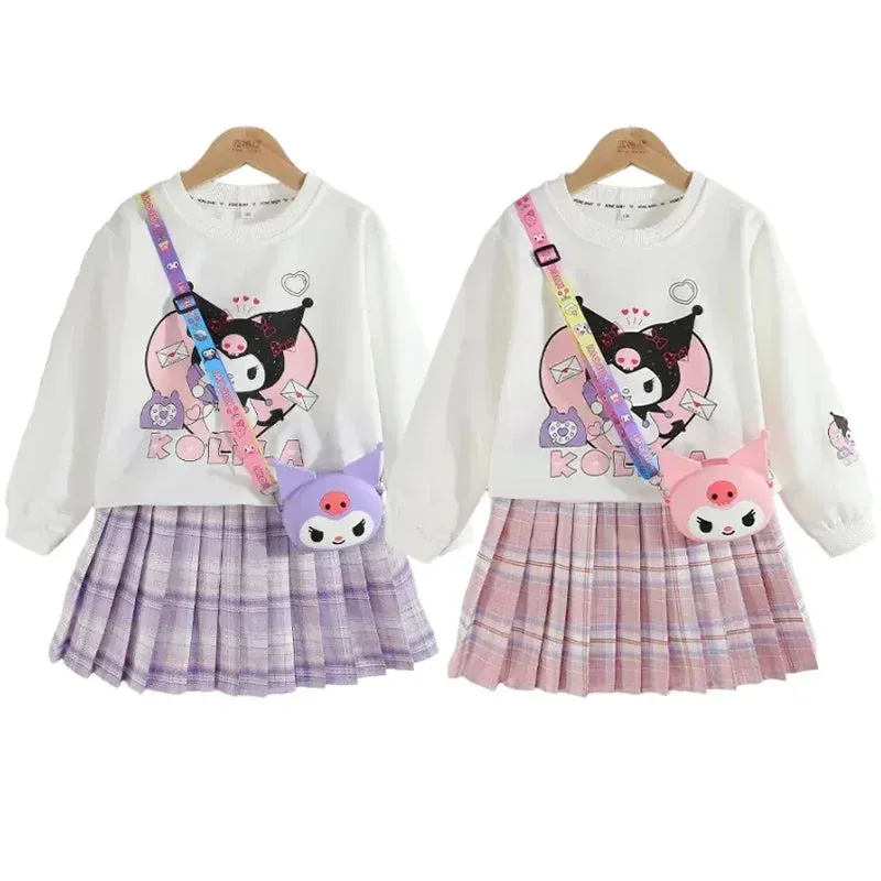 Children Clothes Set Spring Autumn Kids Kuromi Long Sleeved Sweater Tops Checkered Pleated Skirt 2pce Teen Girls Preppy Clothing