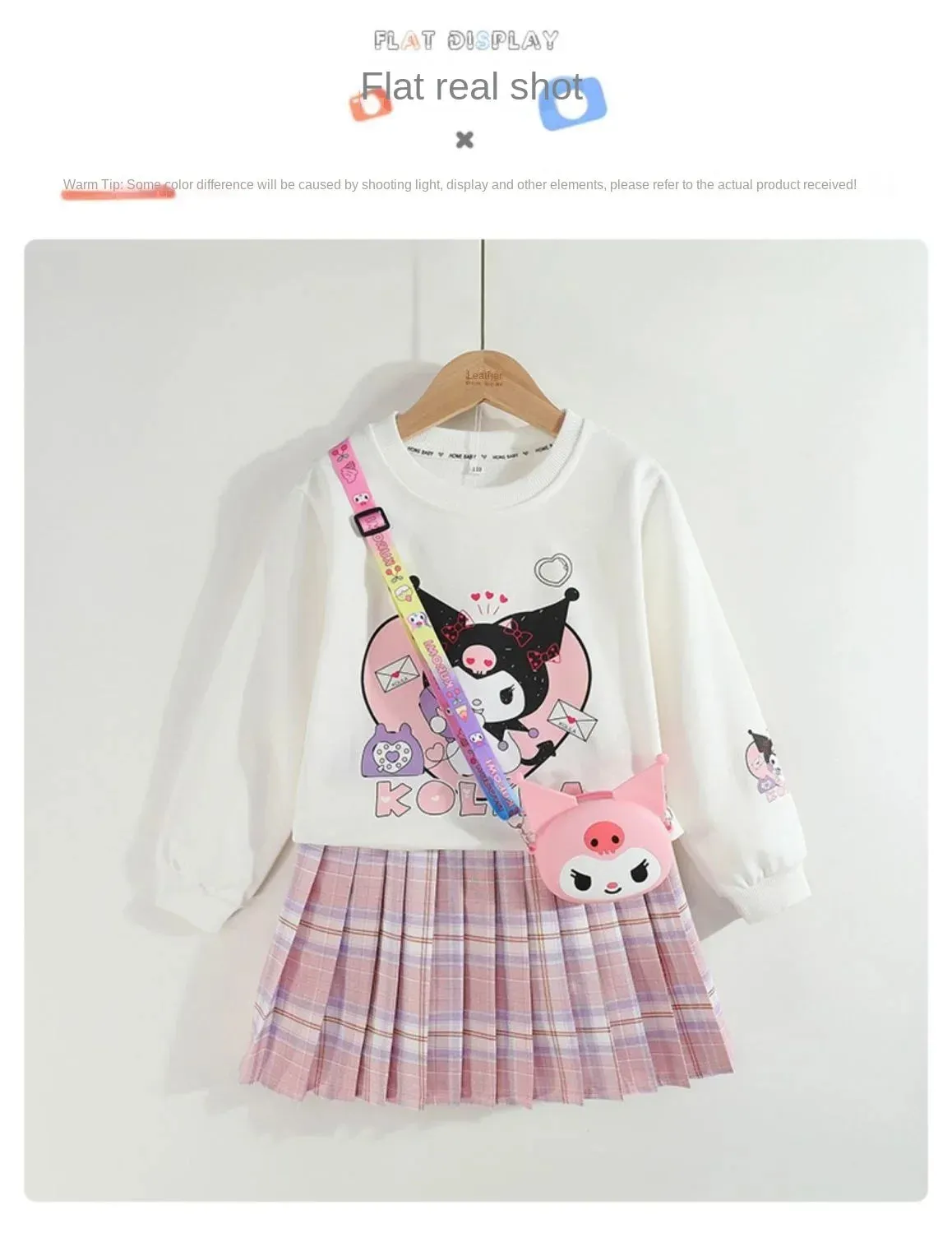 Children Clothes Set Spring Autumn Kids Kuromi Long Sleeved Sweater Tops Checkered Pleated Skirt 2pce Teen Girls Preppy Clothing