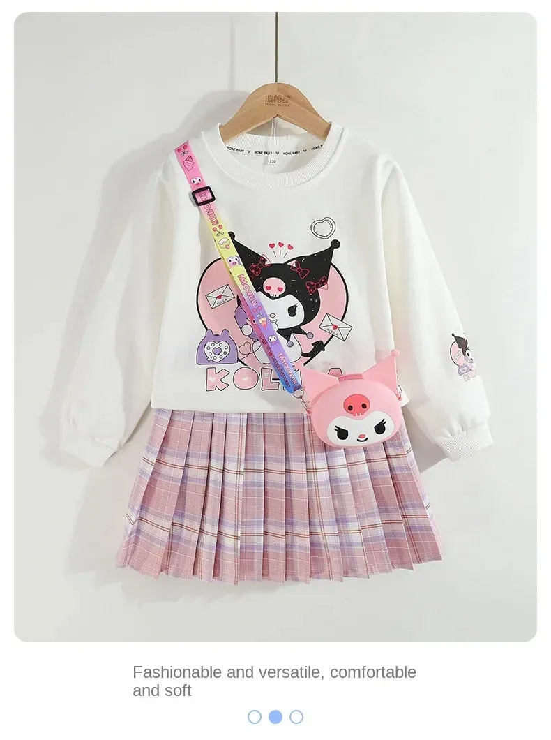 Children Clothes Set Spring Autumn Kids Kuromi Long Sleeved Sweater Tops Checkered Pleated Skirt 2pce Teen Girls Preppy Clothing