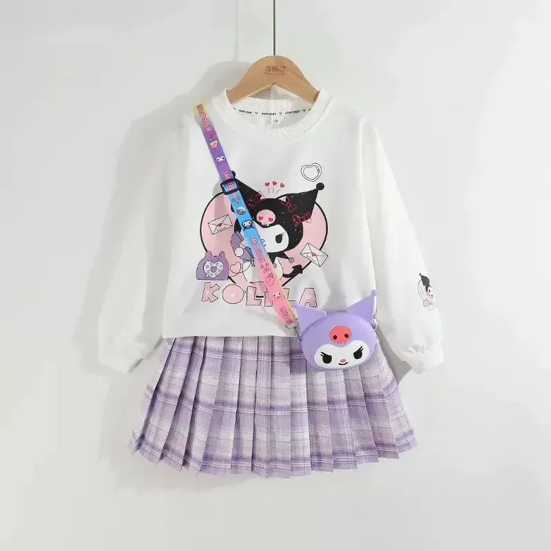 Children Clothes Set Spring Autumn Kids Kuromi Long Sleeved Sweater Tops Checkered Pleated Skirt 2pce Teen Girls Preppy Clothing