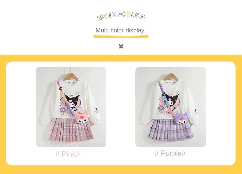 Children Clothes Set Spring Autumn Kids Kuromi Long Sleeved Sweater Tops Checkered Pleated Skirt 2pce Teen Girls Preppy Clothing
