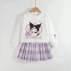 Children Clothes Set Spring Autumn Kids Kuromi Long Sleeved Sweater Tops Checkered Pleated Skirt 2pce Teen Girls Preppy Clothing