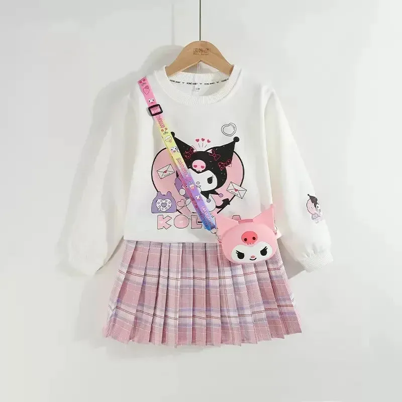 Children Clothes Set Spring Autumn Kids Kuromi Long Sleeved Sweater Tops Checkered Pleated Skirt 2pce Teen Girls Preppy Clothing