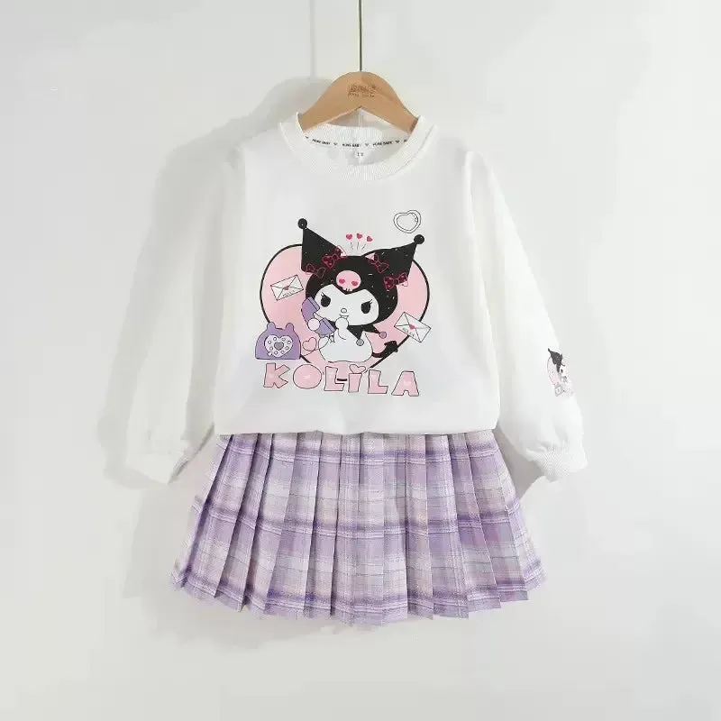 Children Clothes Set Spring Autumn Kids Kuromi Long Sleeved Sweater Tops Checkered Pleated Skirt 2pce Teen Girls Preppy Clothing