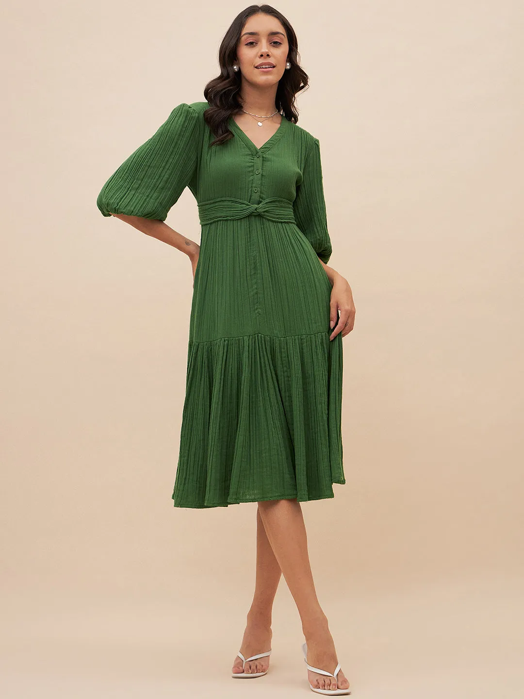Cotton Gauze Green Knot Detail Midi Dress
