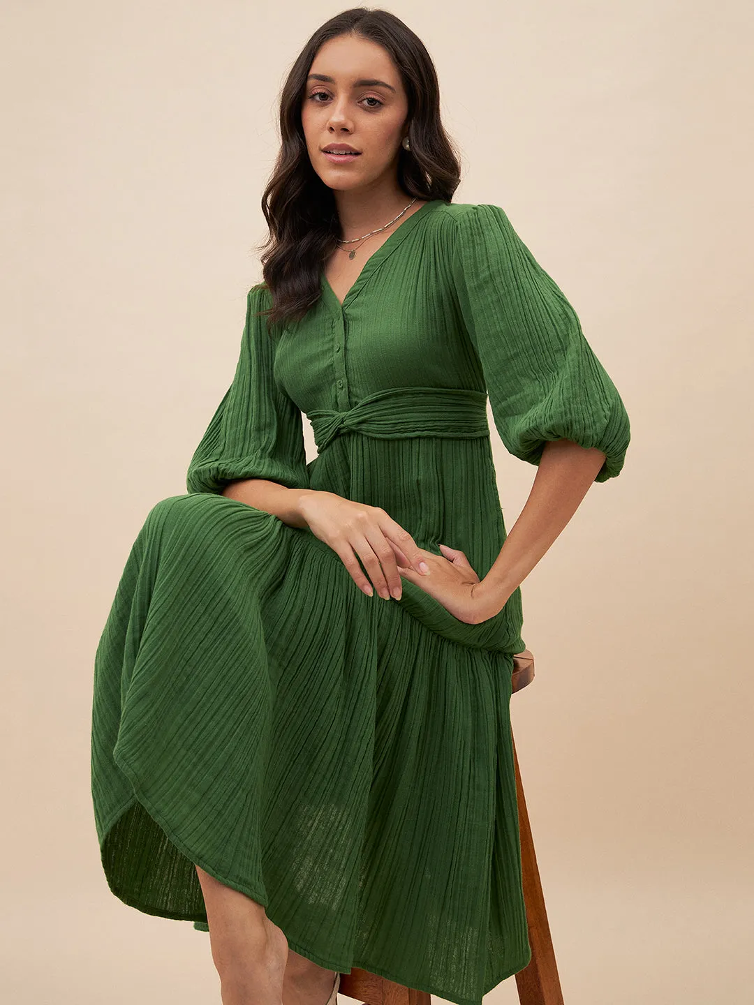 Cotton Gauze Green Knot Detail Midi Dress