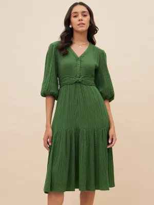 Cotton Gauze Green Knot Detail Midi Dress