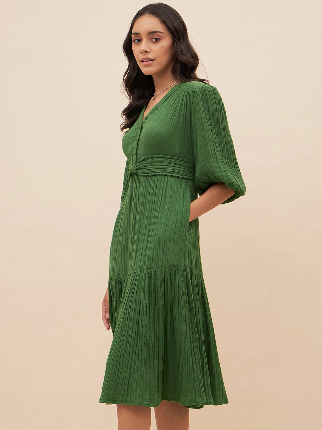 Cotton Gauze Green Knot Detail Midi Dress