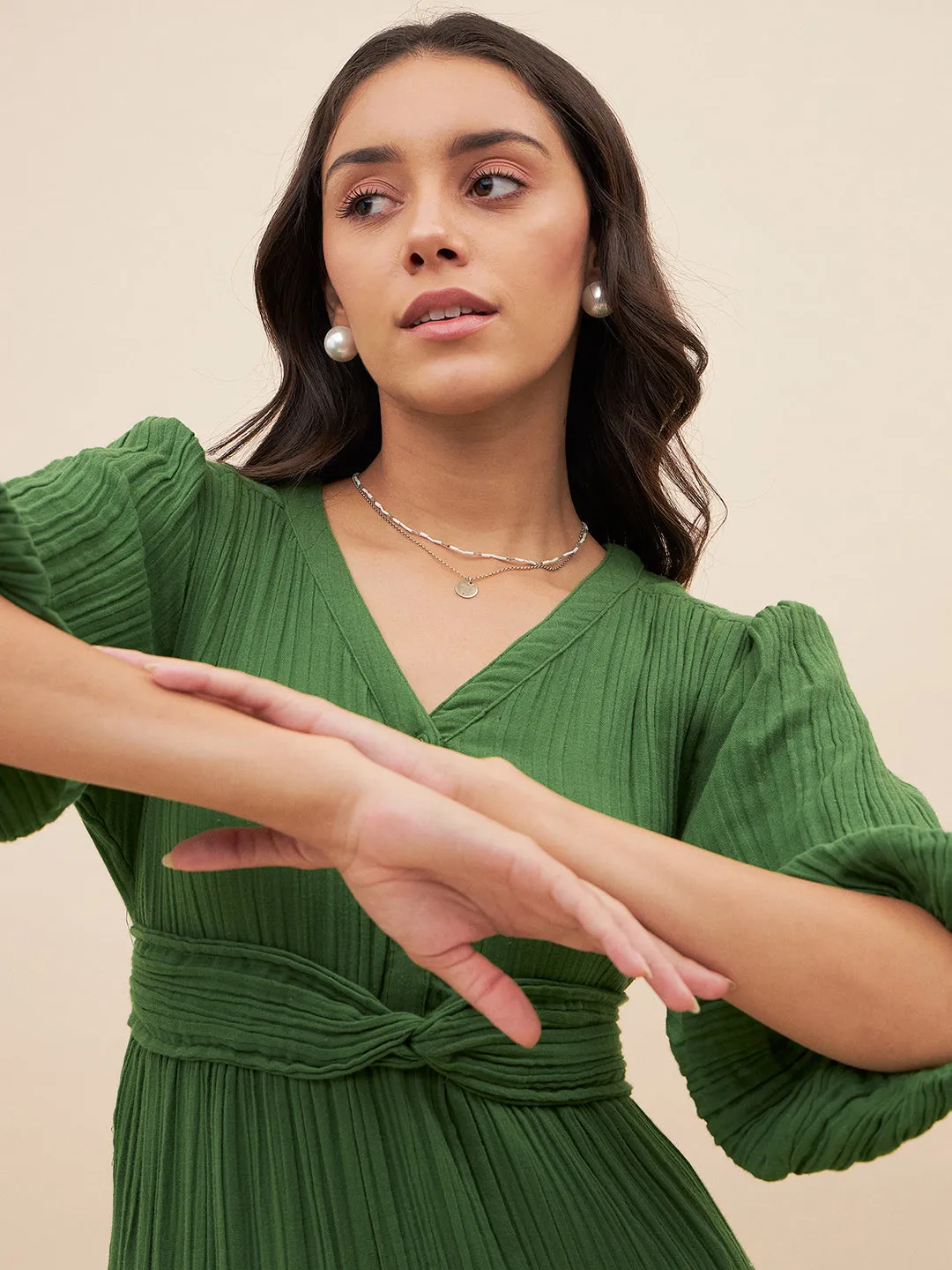 Cotton Gauze Green Knot Detail Midi Dress