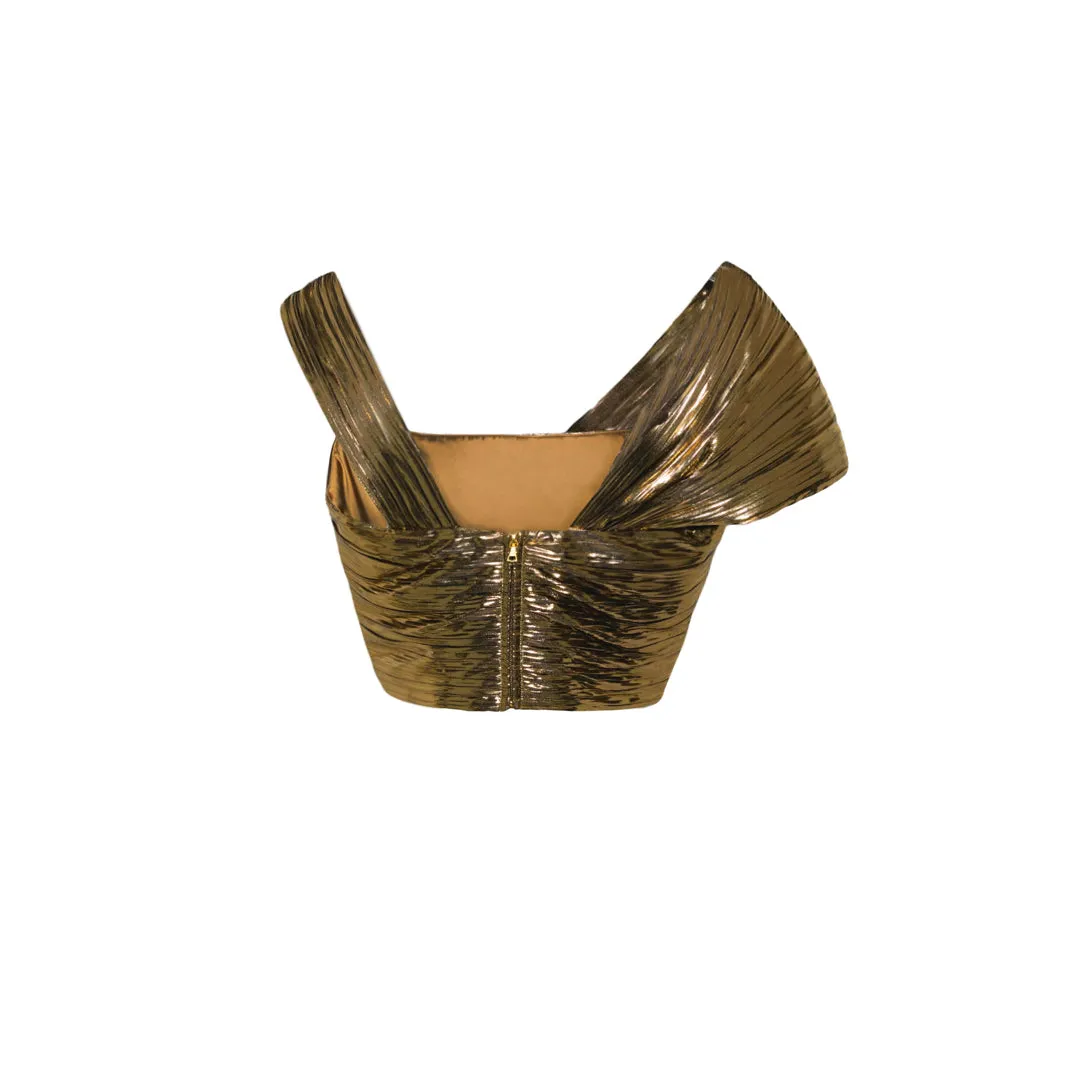 Draped Metallic Plissé Lamé Top