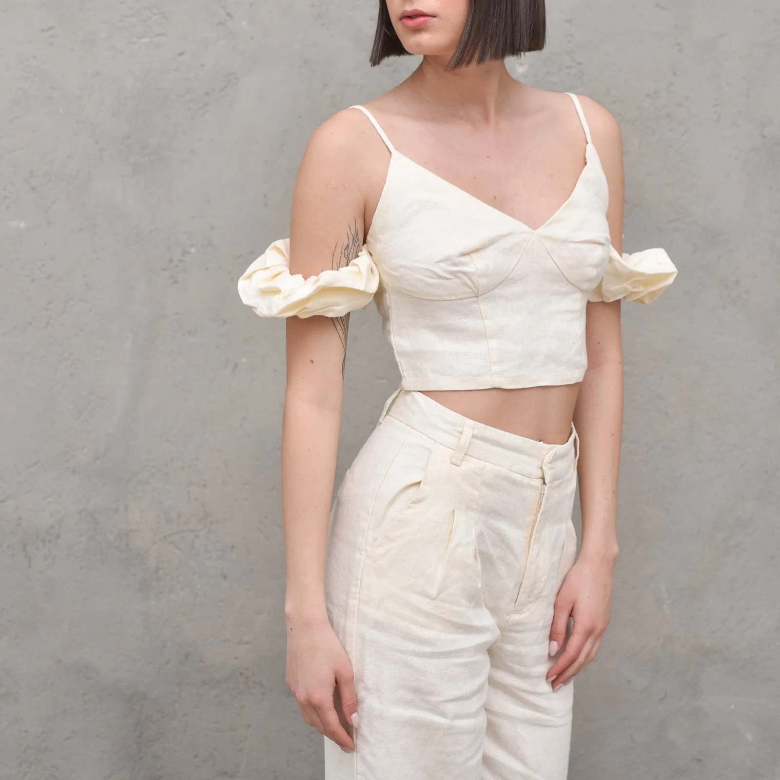 Dropped Shoulder Linen Top Light Beige