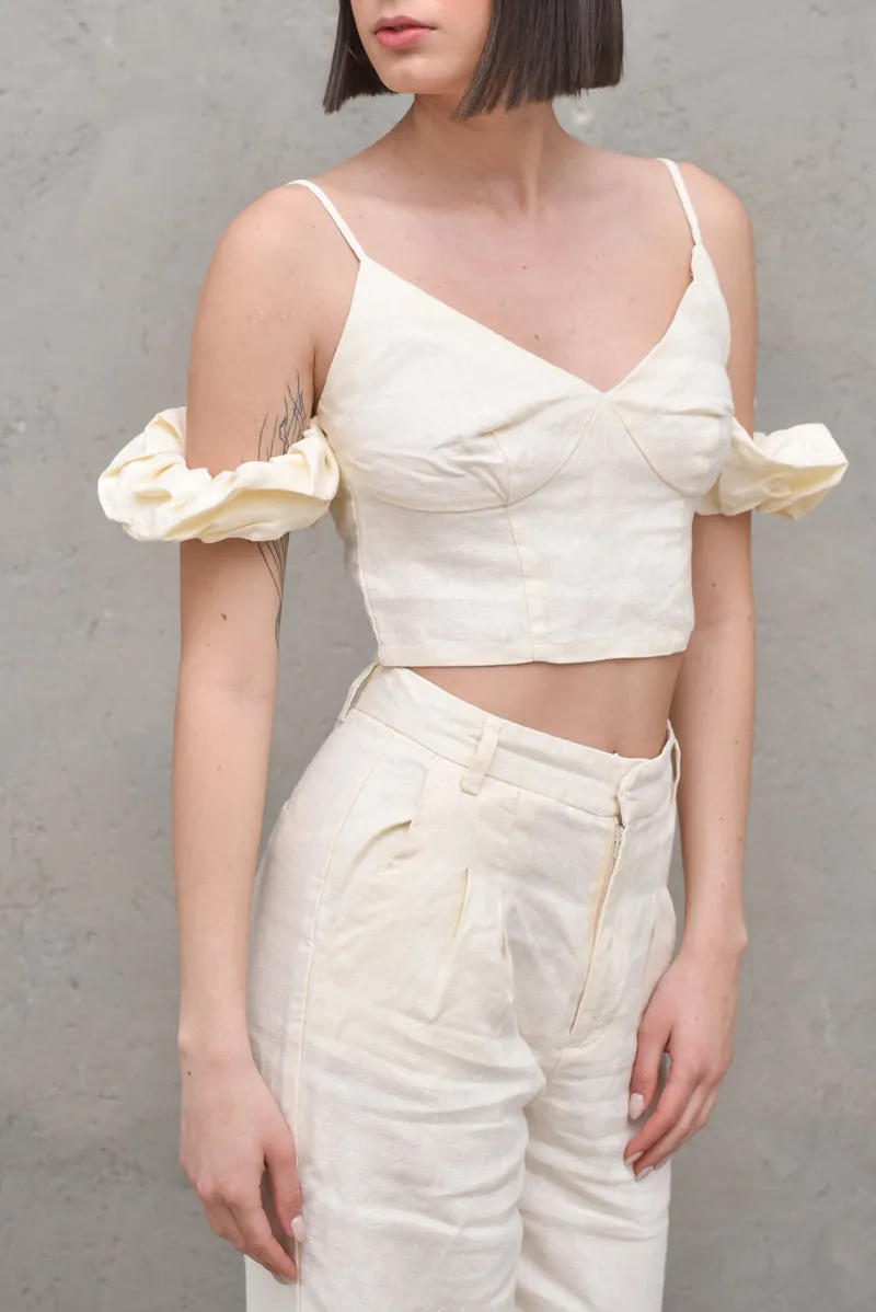 Dropped Shoulder Linen Top Light Beige